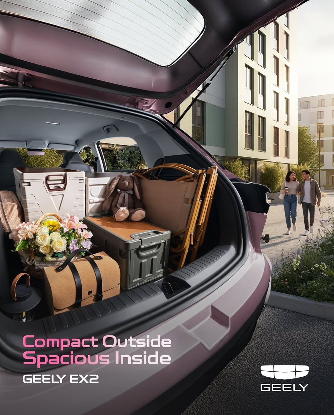 Geely EX2 fits all your daily needs_____From groceries to gym bags_ everything fits with ease. With 36 storage compartments and a EXtra large 70L front trun(